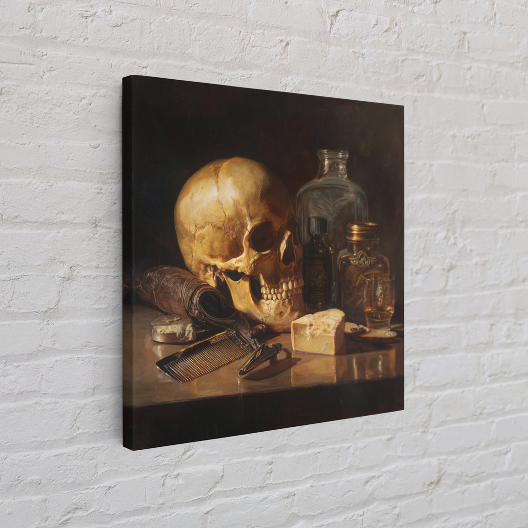 Skull with Comb and Razor in Tattoo Canvas Print, Barbershop Art, Unique Wall Art, Barbershop Decor, Oil Painting, Grooming, BAA-1x1-15