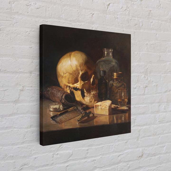 Skull with Comb and Razor in Tattoo Canvas Print, Barbershop Art, Unique Wall Art, Barbershop Decor, Oil Painting, Grooming, BAA-1x1-15