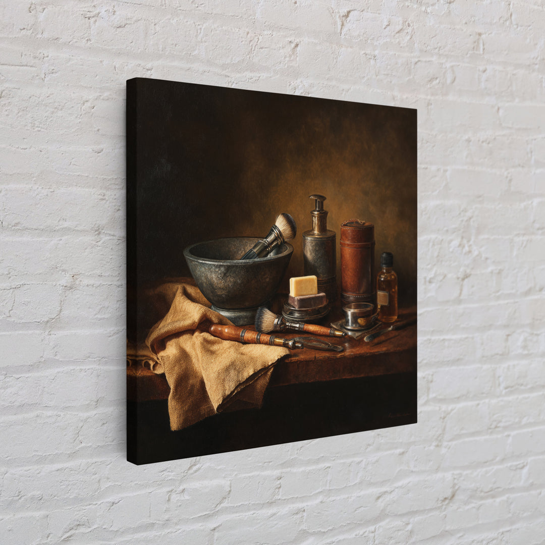 Hot Towel Shave Scene Cropped Close to Framed Canvas Print, Barbershop Art, Urban Wall Art, Barbershop Decor, Oil Painting, BAA-1x1-37