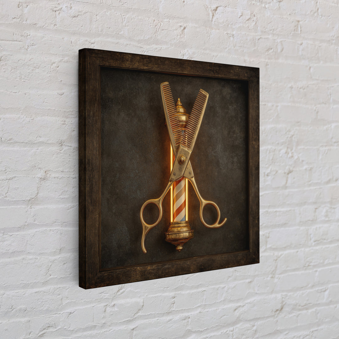 Neon Scissors Icon Framed Canvas Print, Barbershop Art, Extra Large Wall Art, Barbershop Decor, Oil Painting, Grooming, BAA-1x1-43