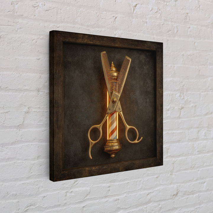 Neon Scissors Icon Framed Canvas Print, Barbershop Art, Extra Large Wall Art, Barbershop Decor, Oil Painting, Grooming, BAA-1x1-43