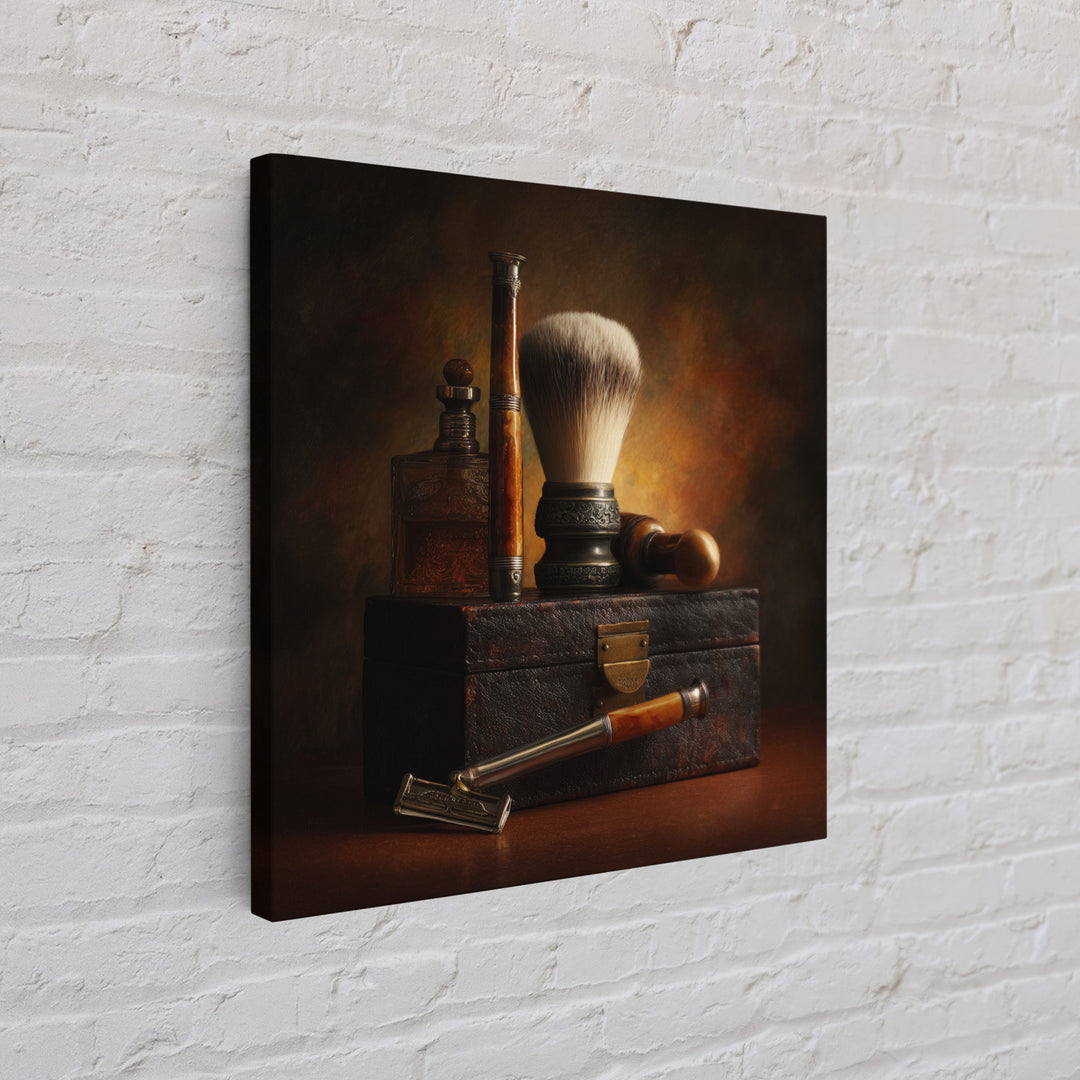 Straight Razor and Shaving Brush on Dark Canvas Print, Barbershop Art, Afrocentric Wall Art, Barbershop Decor, Grooming, BAA-1x1-50