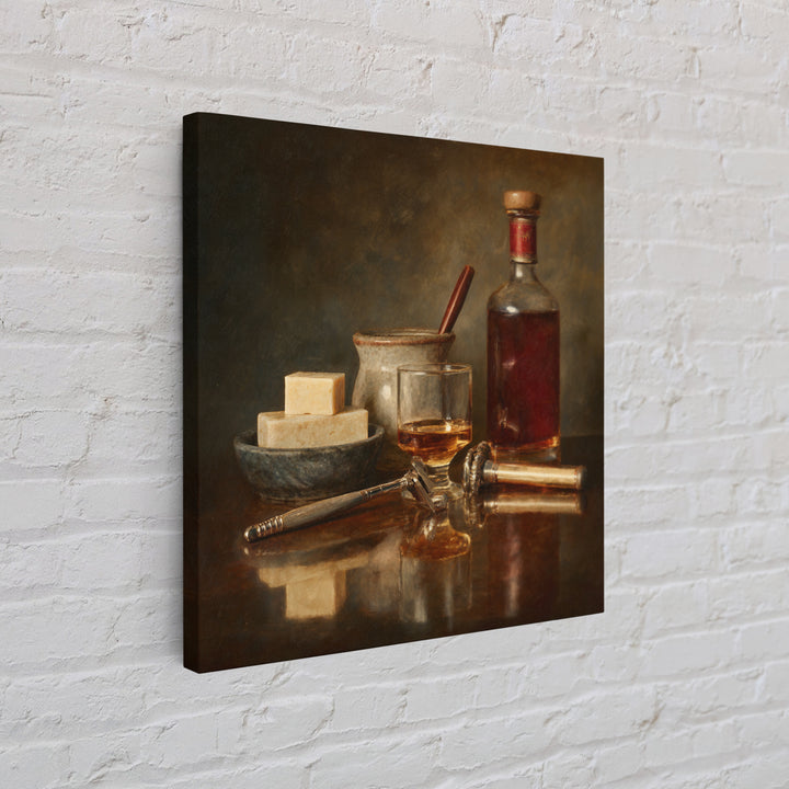 Whiskey and Straight Razor Masculine Still Life Canvas Print, Barbershop Art, Orange Wall Art, Barbershop Decor, Abstract Art, BAA-1x1-55