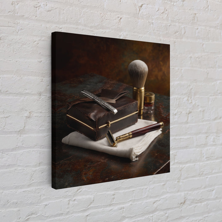 Straight Razor and Shaving Brush on Dark Framed Canvas Print, Barbershop Art, Orange Wall Art, Barbershop Decor, Grooming, BAA-1x1-74
