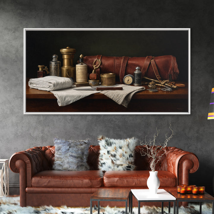 Leather Apron and Brass Tools Still Life Framed Canvas Print, Barbershop Art, Home Decor, Barbershop Decor, Fine Art, Grooming, BAA-2x1-42