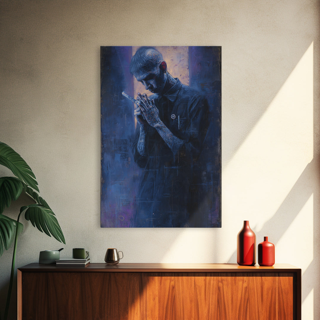 Tattooed Barber Portrait Framed Canvas Print, Barbershop Art, Black Wall Art, Barbershop Decor, Grooming, Minimalist Art, BAA-2x3-36