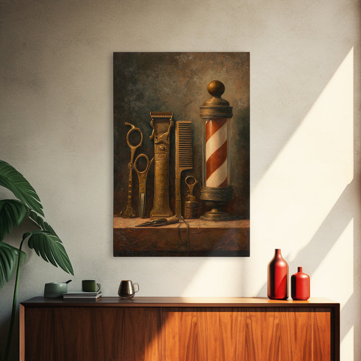 Antique Clippers and Combs on Worn Wood Framed Canvas Print, Barbershop Art, Barbershop Decor, Abstract Art, Grooming, BAA-2x3-41