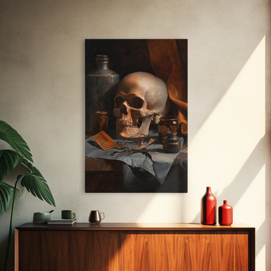 Skull with Comb and Razor in Tattoo Framed Canvas Print, Barbershop Art, Neutral Decor, Barbershop Decor, Abstract Art, BAA-2x3-47