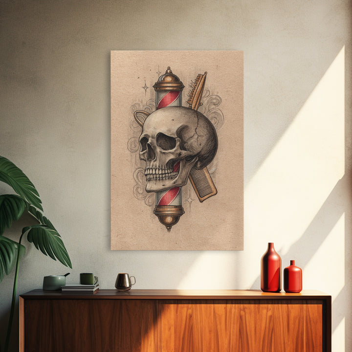 Skull with Comb and Razor in Tattoo Canvas Print, Barbershop Art, Luxury Decor, Barbershop Decor, Fine Art, Grooming, BAA-2x3-71