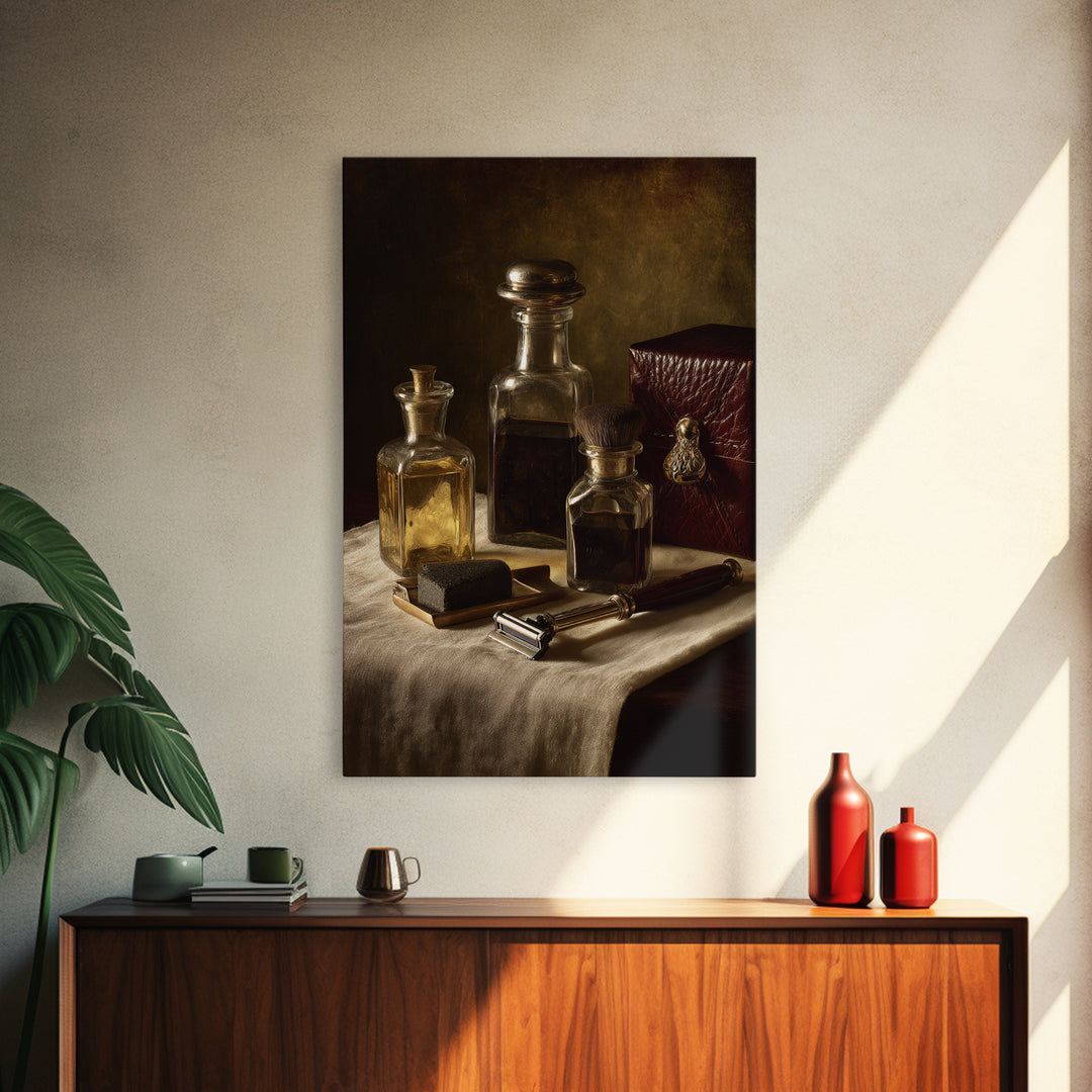Old World Apothecary Bottles for Grooming Oils Canvas Print, Barbershop Art, Digital Wall Art, Barbershop Decor, Grooming, BAA-2x3-76