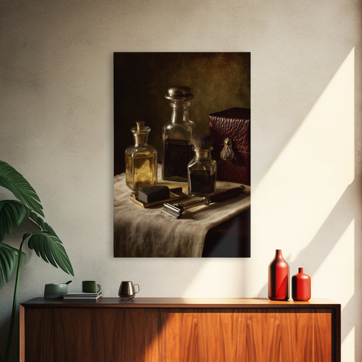 Old World Apothecary Bottles for Grooming Oils Canvas Print, Barbershop Art, Digital Wall Art, Barbershop Decor, Grooming, BAA-2x3-76