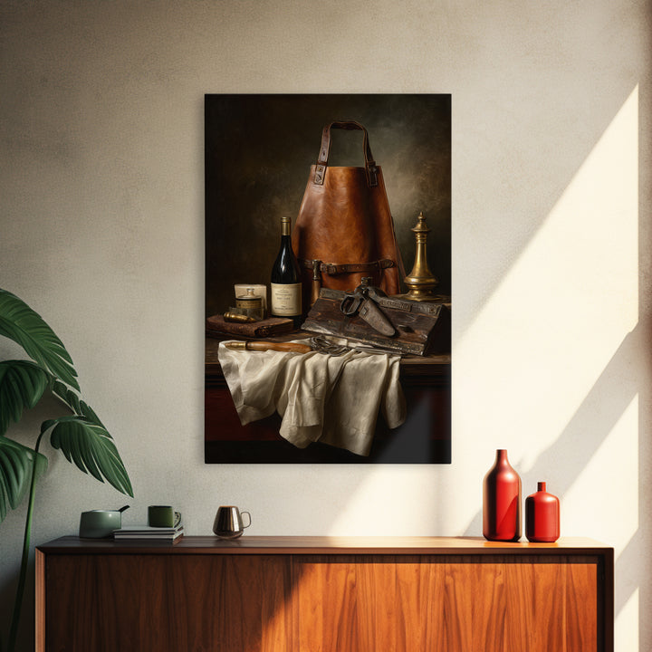 Leather Apron and Brass Tools Still Life Framed Canvas Print, Barbershop Art, Minimalist Decor, Barbershop Decor, Grooming, BAA-2x3-78