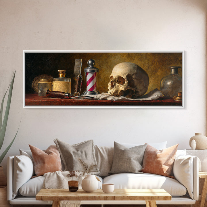 Skull with Comb and Razor in Tattoo Framed Canvas Print, Barbershop Art, Room Decor, Barbershop Decor, Fine Art, Grooming, BAA-3x1-55