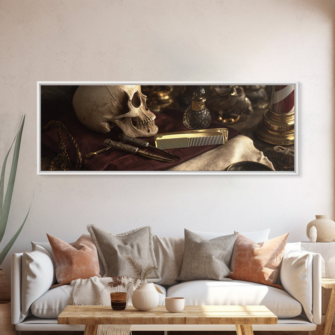 Skull with Comb and Razor in Tattoo Framed Canvas Print, Barbershop Art, Black Art, Barbershop Decor, Oil Painting, Grooming, BAA-3x1-79