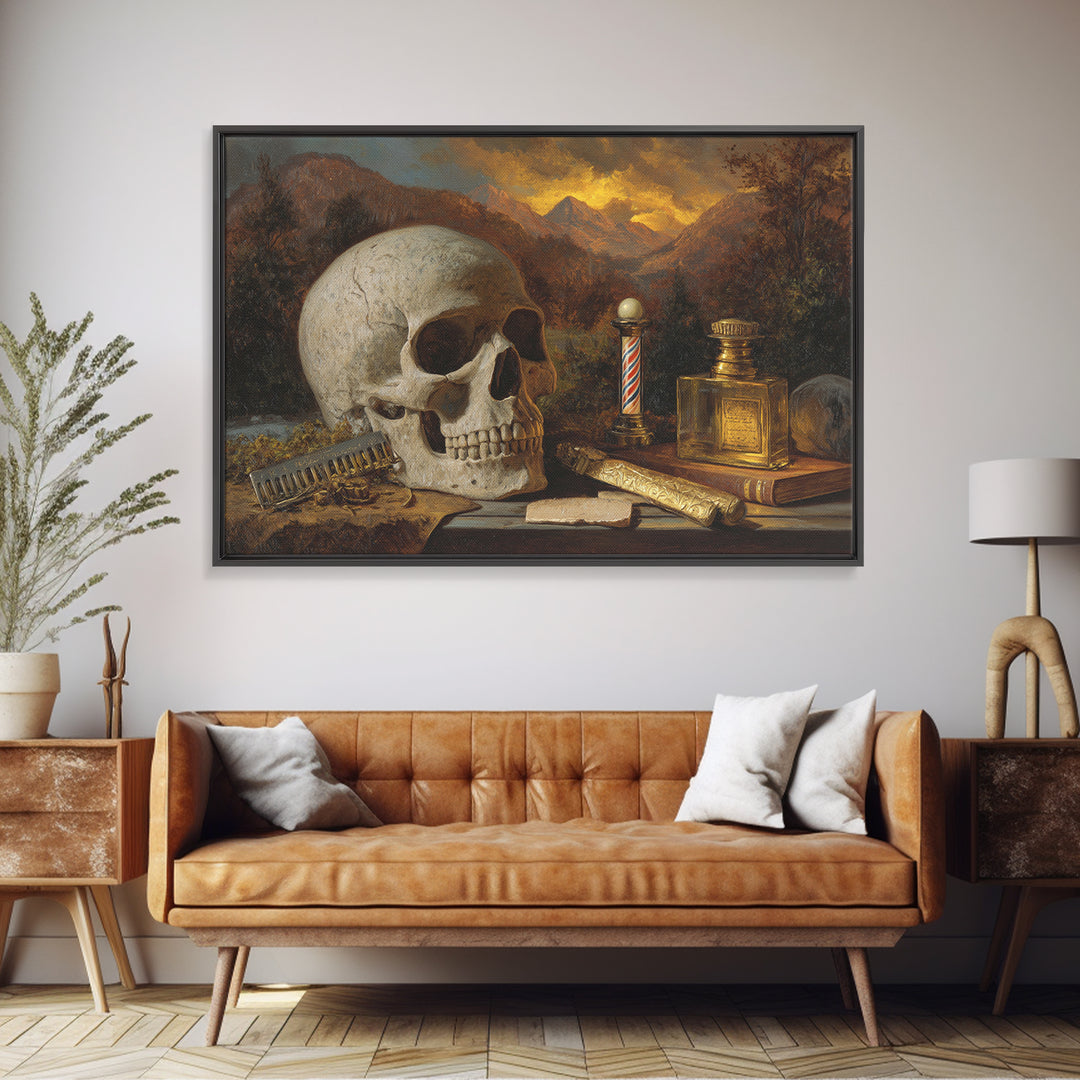 Skull with Comb and Razor in Tattoo Framed Canvas Print, Barbershop Art, Retro Wall Art, Barbershop Decor, Fine Art, Grooming, BAA-3x2-19