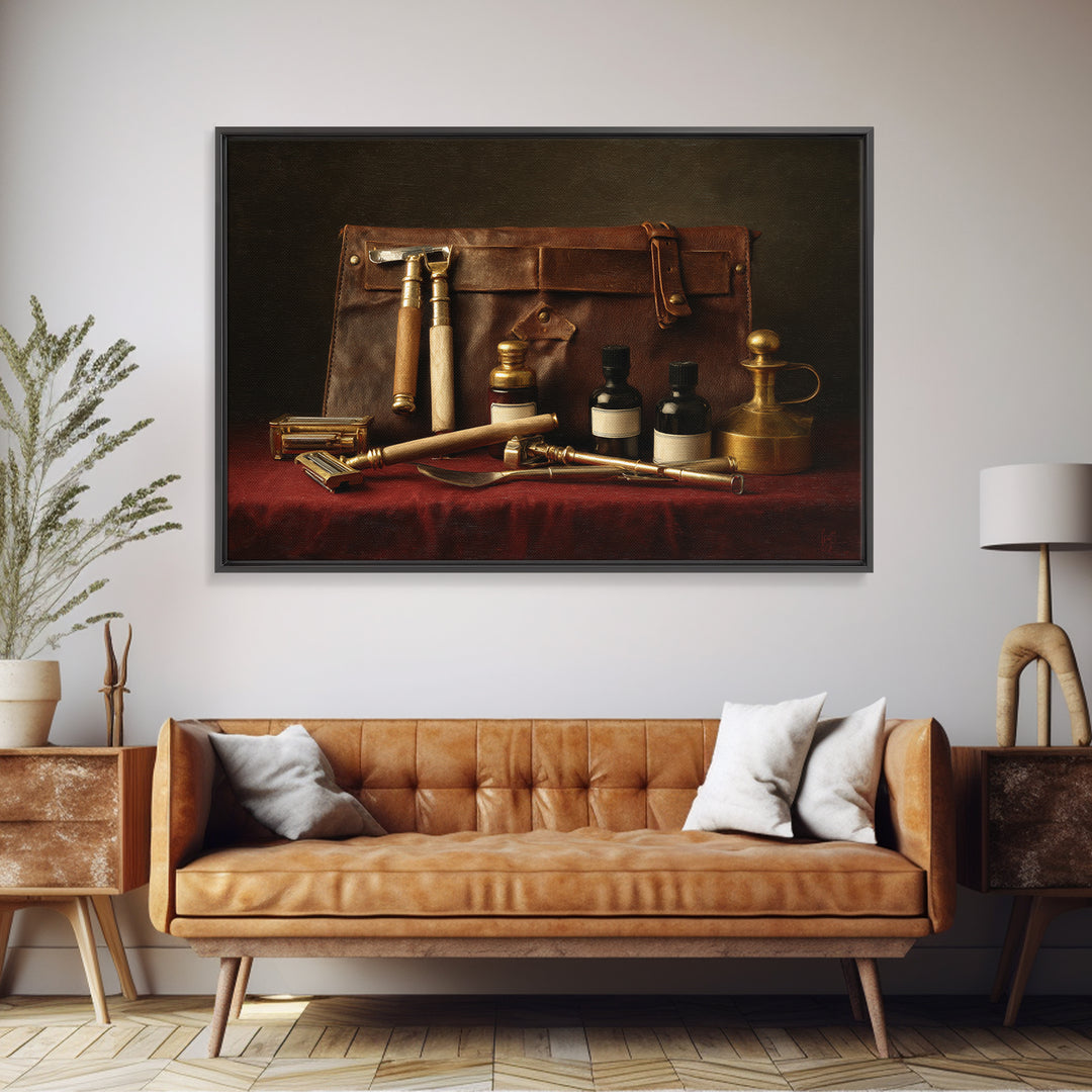 Leather Apron and Brass Tools Still Life Framed Canvas Print, Barbershop Art, Minimalist Decor, Barbershop Decor, Grooming, BAA-3x2-2