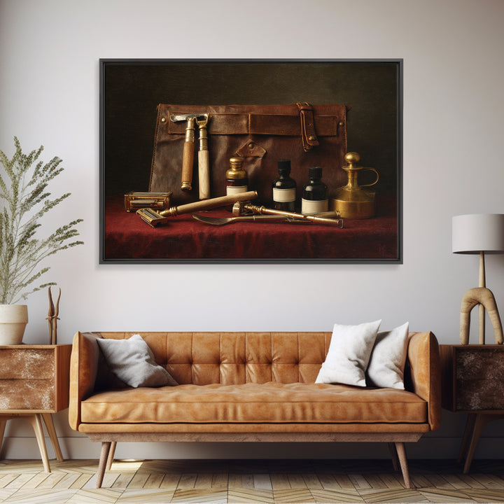 Leather Apron and Brass Tools Still Life Framed Canvas Print, Barbershop Art, Minimalist Decor, Barbershop Decor, Grooming, BAA-3x2-2