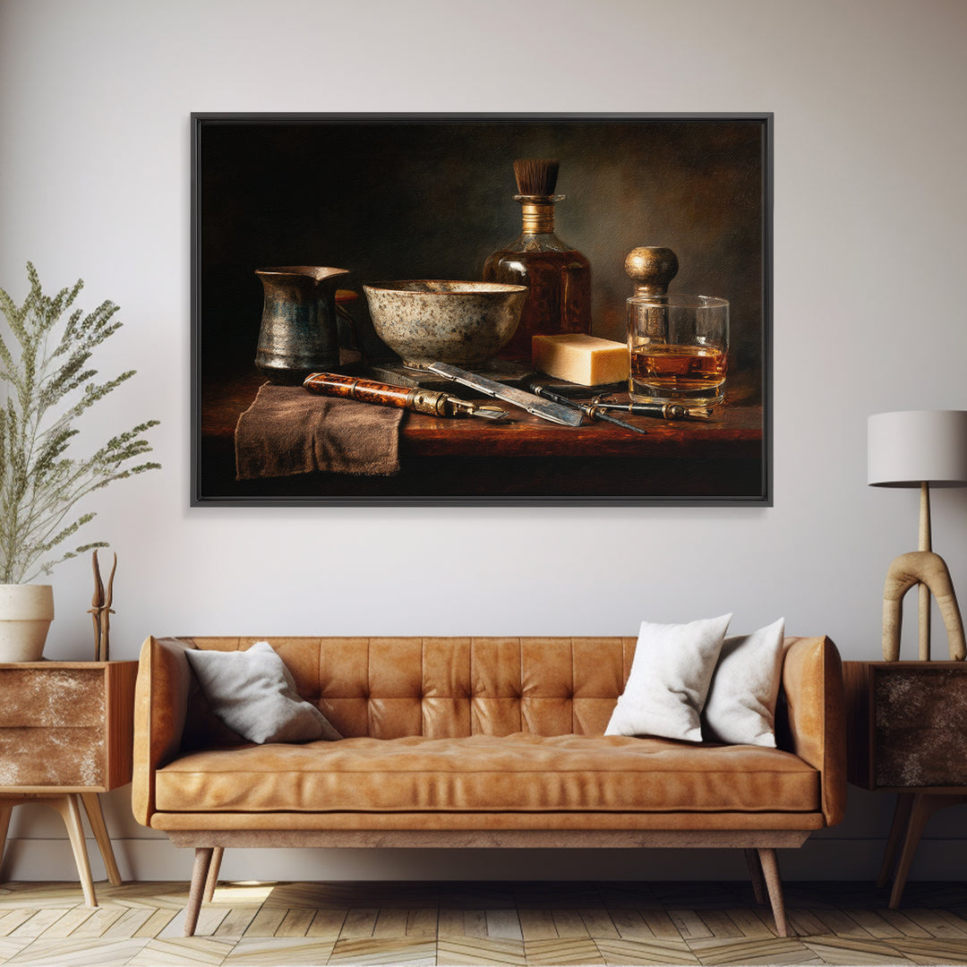 Whiskey and Straight Razor Masculine Still Life Canvas Print, Barbershop Art, Black Art Prints, Barbershop Decor, Grooming, BAA-3x2-35