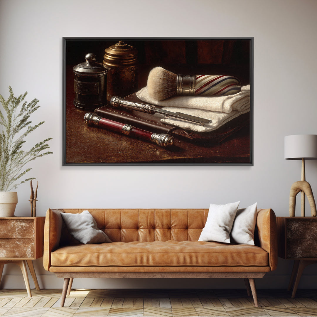 Straight Razor and Shaving Brush on Dark Framed Canvas Print, Barbershop Art, Oil Painting, Barbershop Decor, Grooming, BAA-3x2-6