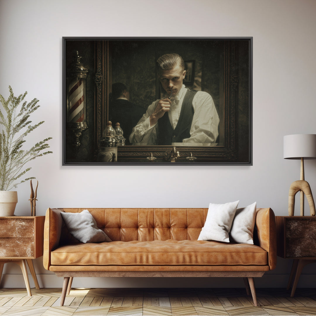 Classic Pompadour Portrait Framed Canvas Print, Barbershop Art, Downloadable Art, Barbershop Decor, Oil Painting, Grooming, BAA-3x2-81
