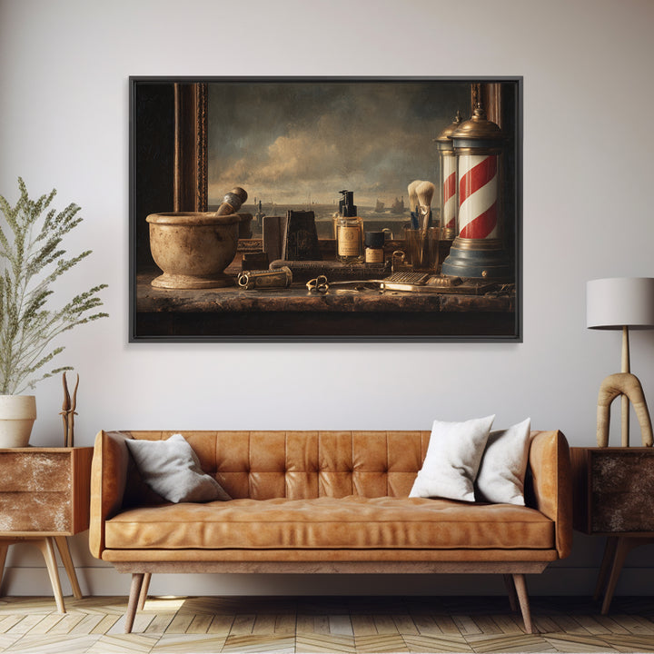 Antique Clippers and Combs on Worn Wood Framed Canvas Print, Barbershop Art, Living Room Art, Barbershop Decor, Grooming, BAA-3x2-85