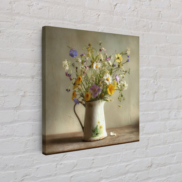 Country Wildflowers in a Chipped Ceramic Pitcher Canvas Print, Bed and Breakfast Art, Modern Decor, Living Room Decor, BAB-1x1-1