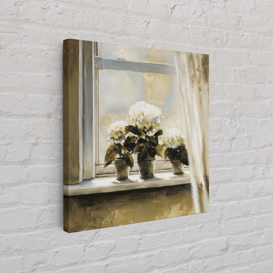 Sunlit Hydrangeas on a Windowsill Canvas Print, Bed and Breakfast Art, Trendy Wall Art, Living Room Decor, Fine Art, BAB-1x1-10
