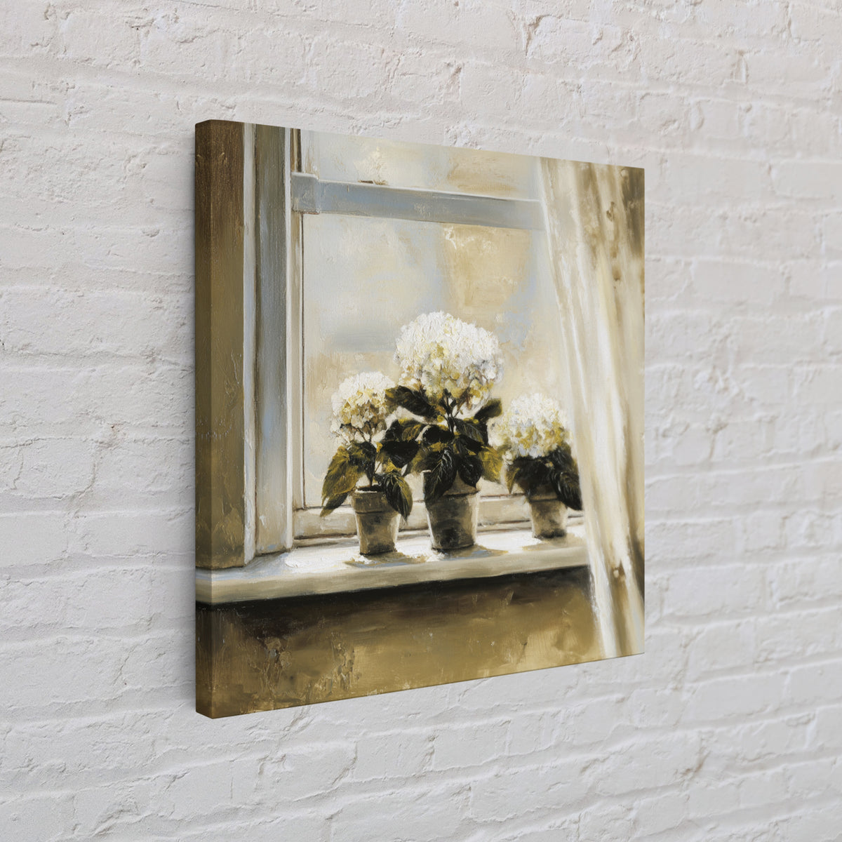 Sunlit Hydrangeas on a Windowsill Canvas Print, Bed and Breakfast Art, Trendy Wall Art, Living Room Decor, Fine Art, BAB-1x1-10