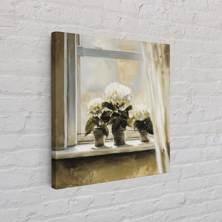 Sunlit Hydrangeas on a Windowsill Canvas Print, Bed and Breakfast Art, Trendy Wall Art, Living Room Decor, Fine Art, BAB-1x1-10