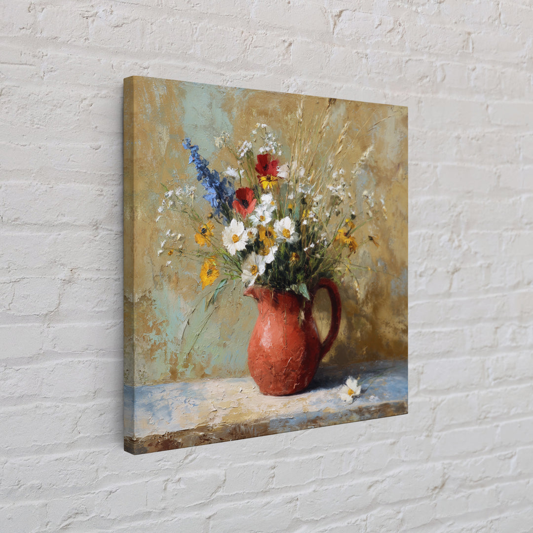 Country Wildflowers in a Chipped Ceramic Pitcher Canvas Print, Bed and Breakfast Art, Room Decor, Living Room Decor, BAB-1x1-25