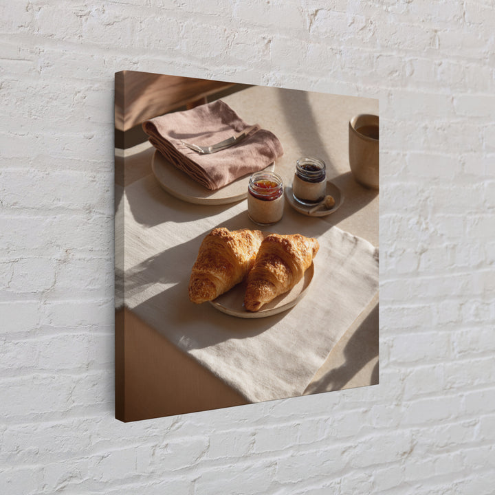 Fresh Croissants and Jam on a Linen Canvas Print, Bed and Breakfast Art, Folk Art, Living Room Decor, Abstract Art, BAB-1x1-26