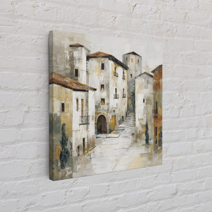 Soft Watercolor Village Street at Dawn Canvas Print, Bed and Breakfast Art, Textured Painting, Living Room Decor, BAB-1x1-29