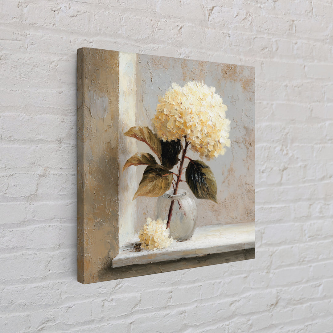 Sunlit Hydrangeas on a Windowsill Canvas Print, Bed and Breakfast Art, Rustic Home Decor, Living Room Decor, BAB-1x1-34