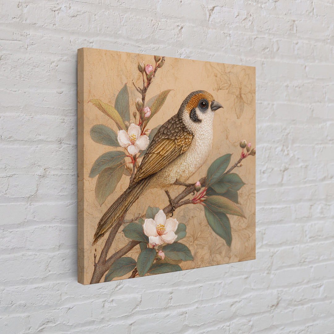 Small Bird on a Flowering Branch Framed Canvas Print, Bed and Breakfast Art, Gallery Decor, Living Room Decor, Fine Art, BAB-1x1-38