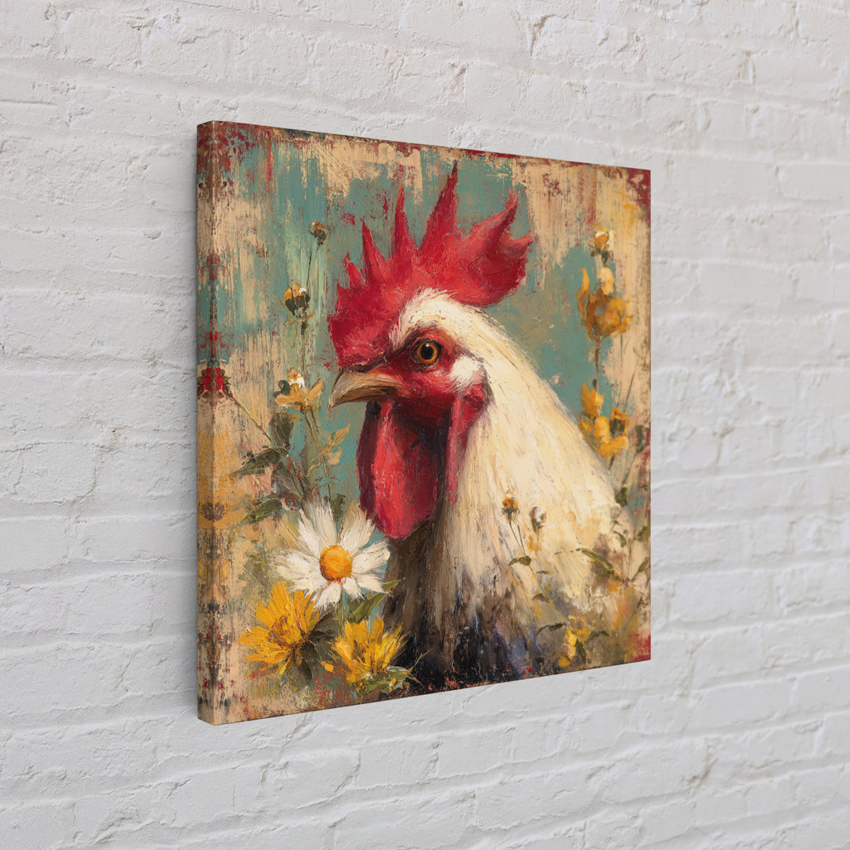 Rooster and Wildflower Country Portrait Canvas Print, Bed and Breakfast Art, Farmhouse Wall Decor, Living Room Decor, BAB-1x1-43