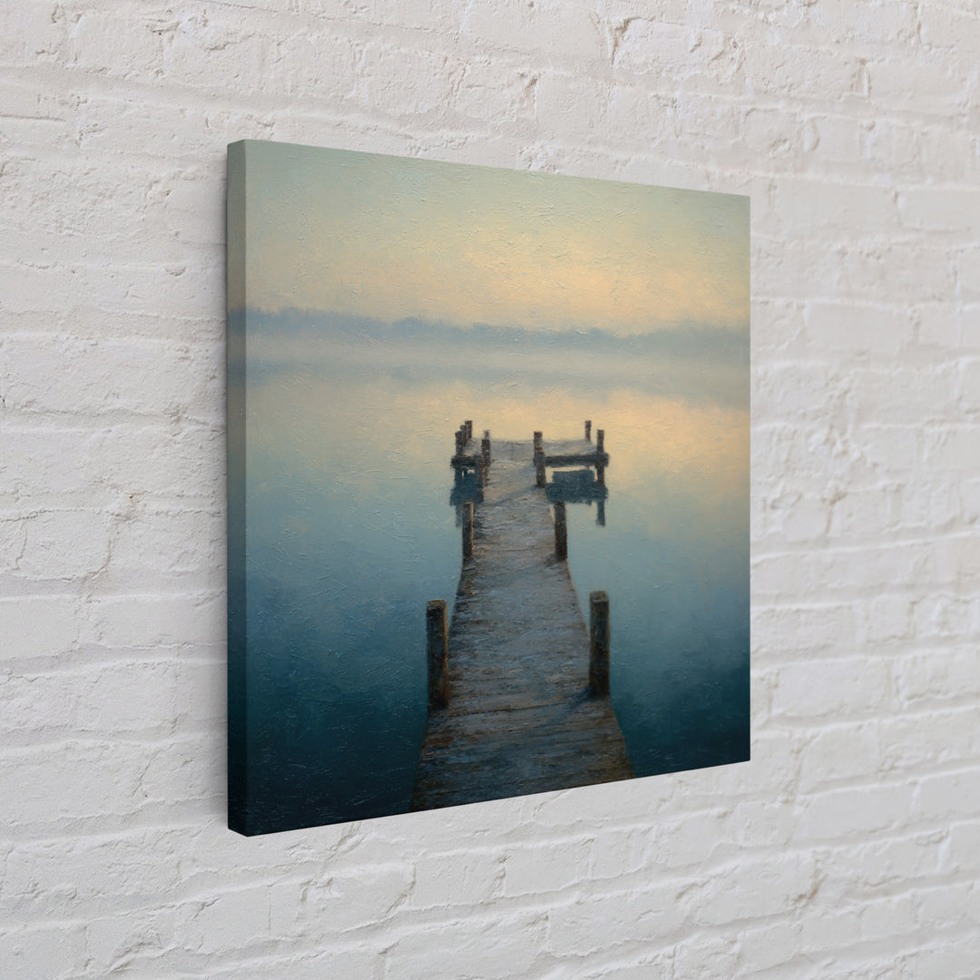 Quiet Lake Dock at Early Morning Framed Canvas Print, Bed and Breakfast Art, Coffee Wall Art, Living Room Decor, Oil Painting, BAB-1x1-46