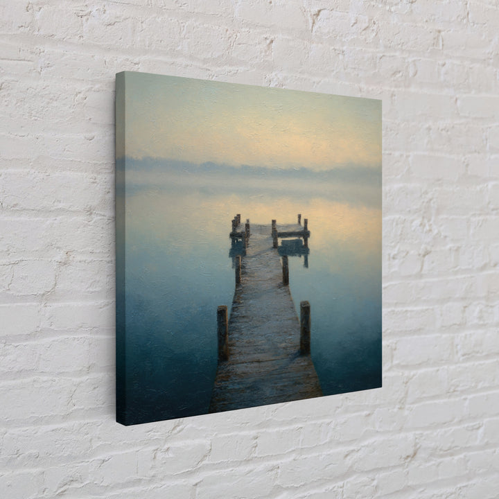 Quiet Lake Dock at Early Morning Framed Canvas Print, Bed and Breakfast Art, Coffee Wall Art, Living Room Decor, Oil Painting, BAB-1x1-46