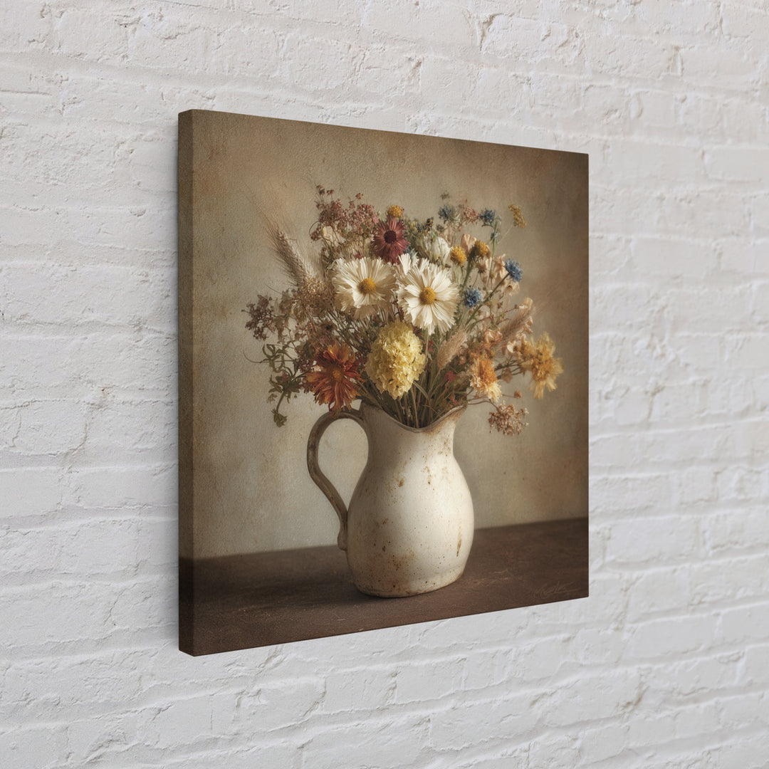 Country Wildflowers in a Chipped Ceramic Pitcher Canvas Print, Bed and Breakfast Art, Room Decor, Living Room Decor, BAB-1x1-49