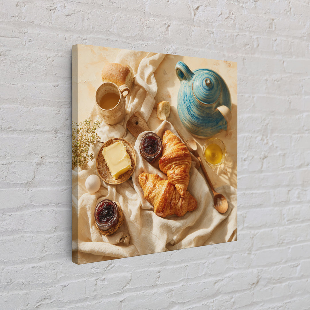 Fresh Croissants and Jam on a Linen Canvas Print, Bed and Breakfast Art, Folk Art, Living Room Decor, Abstract Art, BAB-1x1-50