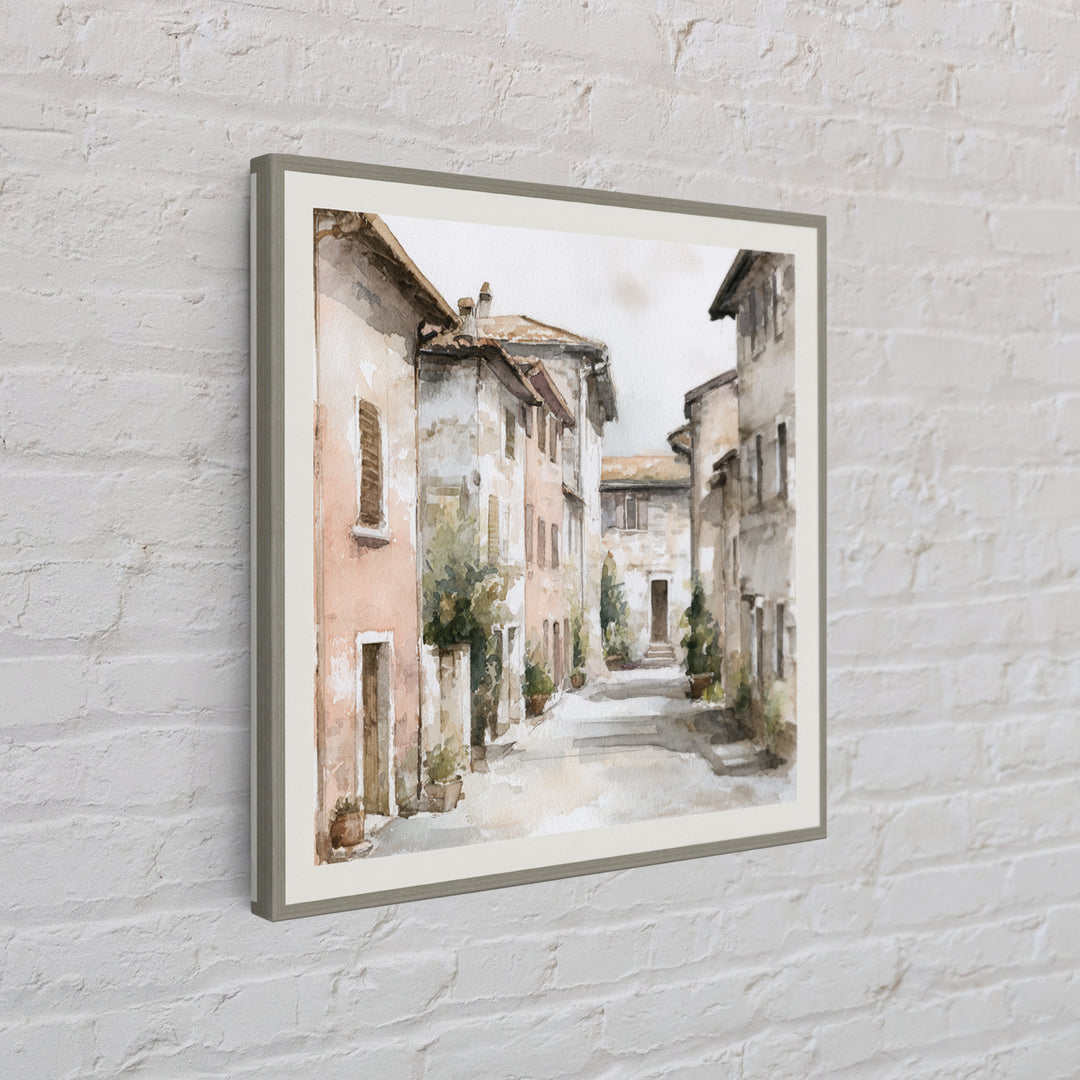 Soft Watercolor Village Street at Dawn Canvas Print, Bed and Breakfast Art, Textured Painting, Living Room Decor, BAB-1x1-53