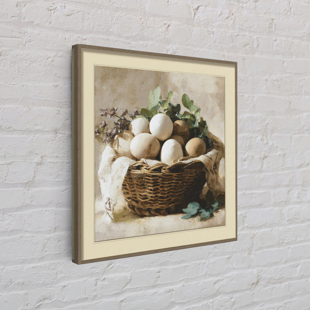 Fresh Eggs in a Woven Basket with Canvas Print, Bed and Breakfast Art, Bedroom Art, Living Room Decor, Oil Painting, BAB-1x1-54
