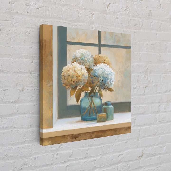 Sunlit Hydrangeas on a Windowsill Canvas Print, Bed and Breakfast Art, Rustic Home Decor, Living Room Decor, BAB-1x1-58