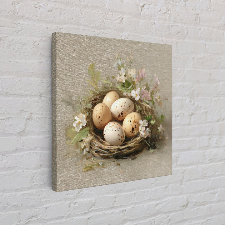 Fresh Eggs in a Woven Basket with Framed Canvas Print, Bed and Breakfast Art, Coffee Art, Living Room Decor, Watercolor Art, BAB-1x1-6