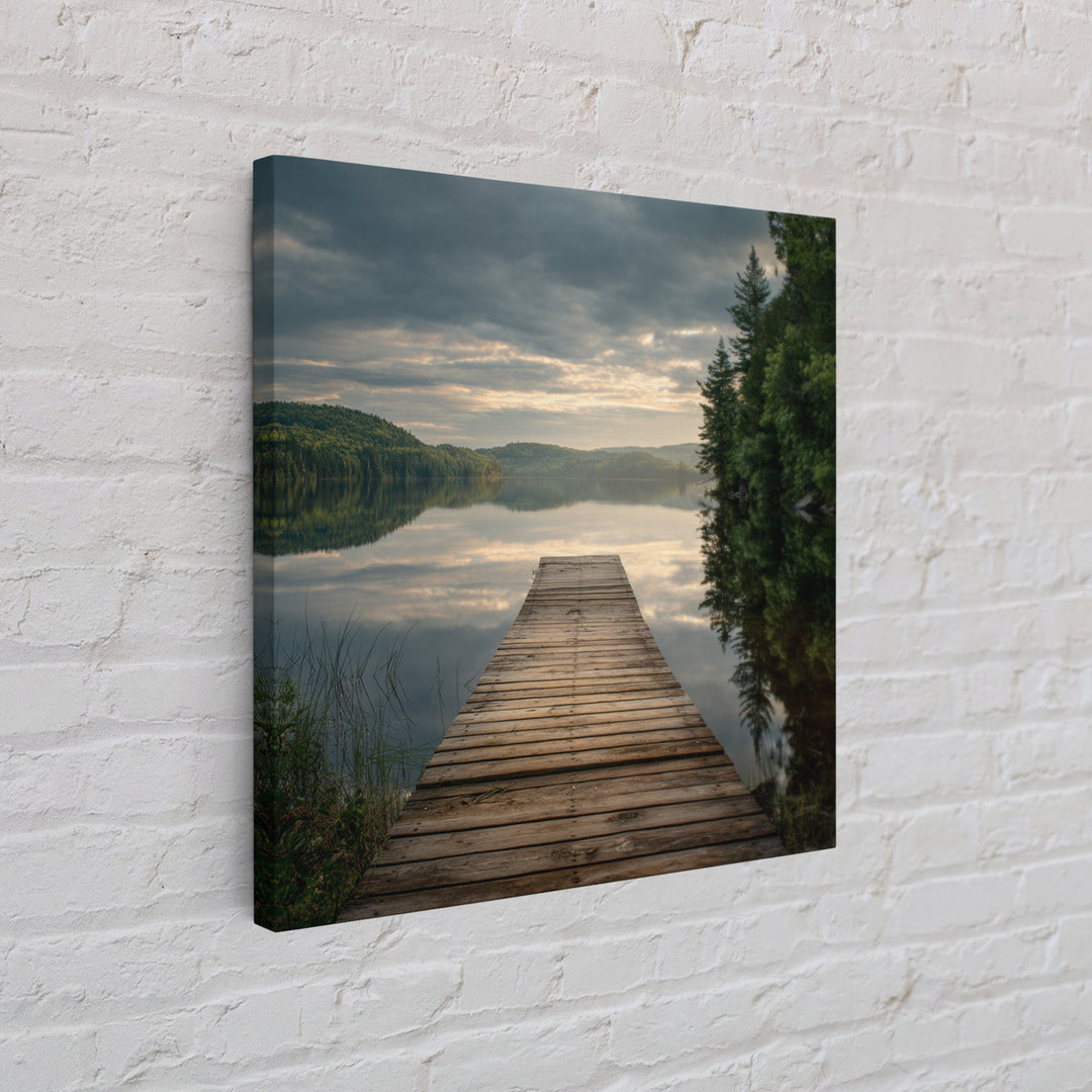Quiet Lake Dock at Early Morning Framed Canvas Print, Bed and Breakfast Art, Coffee Wall Art, Living Room Decor, Oil Painting, BAB-1x1-70