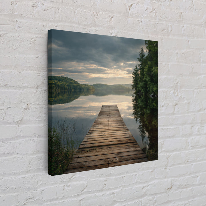 Quiet Lake Dock at Early Morning Framed Canvas Print, Bed and Breakfast Art, Coffee Wall Art, Living Room Decor, Oil Painting, BAB-1x1-70