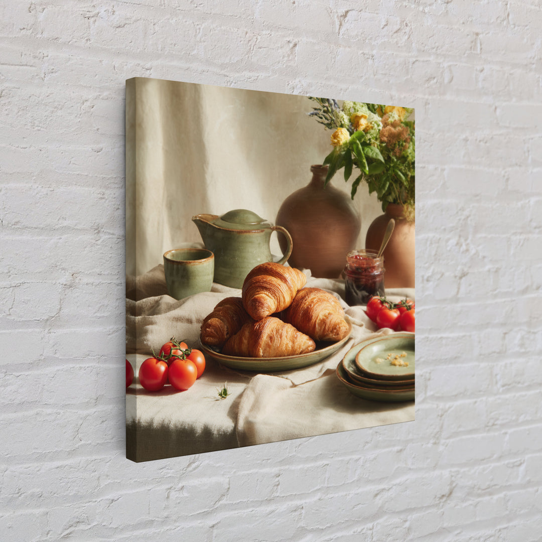 Fresh Croissants and Jam on a Linen Framed Canvas Print, Bed and Breakfast Art, Fine Art Print, Living Room Decor, Abstract Art, BAB-1x1-74