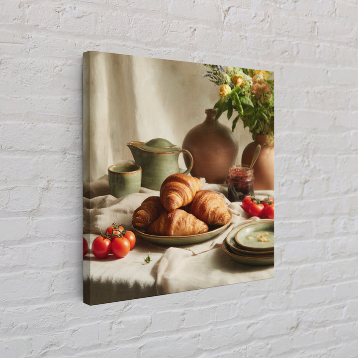 Fresh Croissants and Jam on a Linen Framed Canvas Print, Bed and Breakfast Art, Fine Art Print, Living Room Decor, Abstract Art, BAB-1x1-74