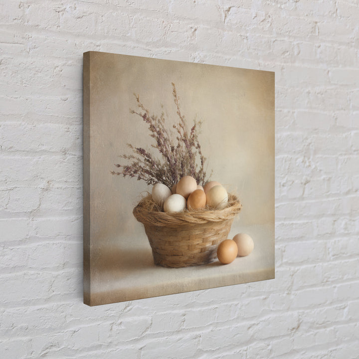 Fresh Eggs in a Woven Basket with Framed Canvas Print, Bed and Breakfast Art, Statement Artwork, Living Room Decor, Fine Art, BAB-1x1-78
