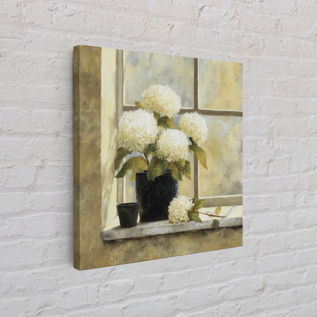 Sunlit Hydrangeas on a Windowsill Canvas Print, Bed and Breakfast Art, Boho Decor, Living Room Decor, Oil Painting, BAB-1x1-82