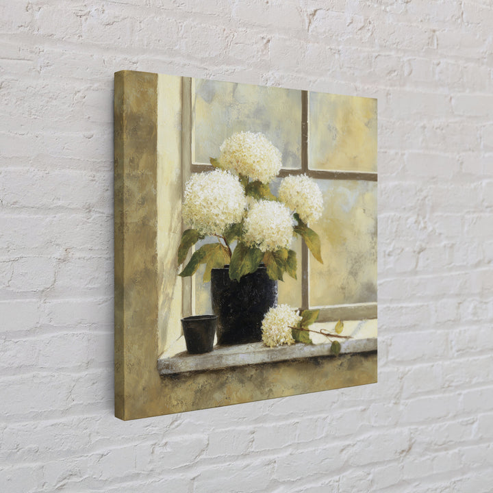 Sunlit Hydrangeas on a Windowsill Canvas Print, Bed and Breakfast Art, Boho Decor, Living Room Decor, Oil Painting, BAB-1x1-82